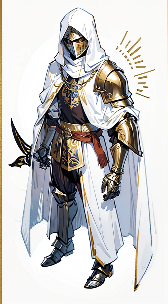 Templar warrior in armor, wearing armor and a white skirt, he also wears a cloak with gold borders, the leper king balduin iv