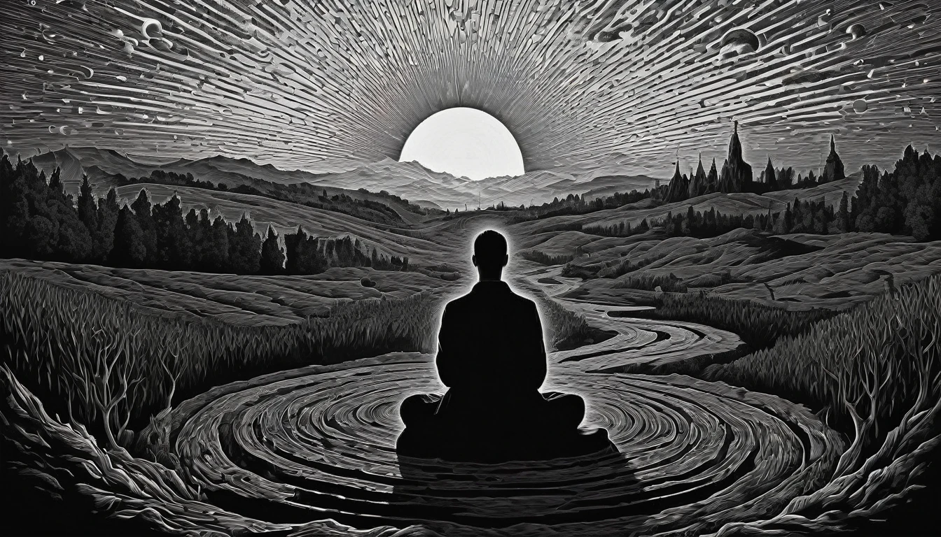 Create a surreal black and white woodcut-style digital image, Centered on a person experiencing feelings and visions of déjà vu. The image should evoke a spiritual and introspective atmosphere, with elements that highlight the connection between past and present.