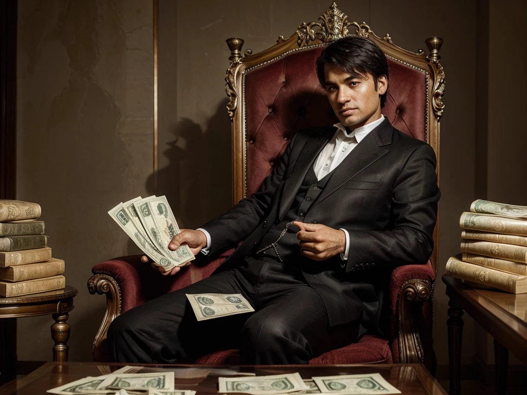 A rich man sitting on a throne with banknotes around him