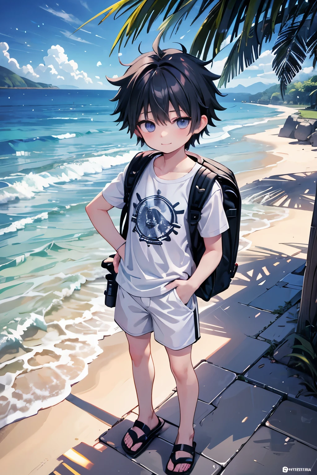 masterpiece, best quality, high resolution, extremely detailed, detailed background, cinematic lighting, 1boy, killua zoldyck, looking at viewer, beach, white t-shirt, boxer shortpants , smile, wearing backpack, (backpack:1.0), travel backpack, standing, fullbody, day, sunlight
