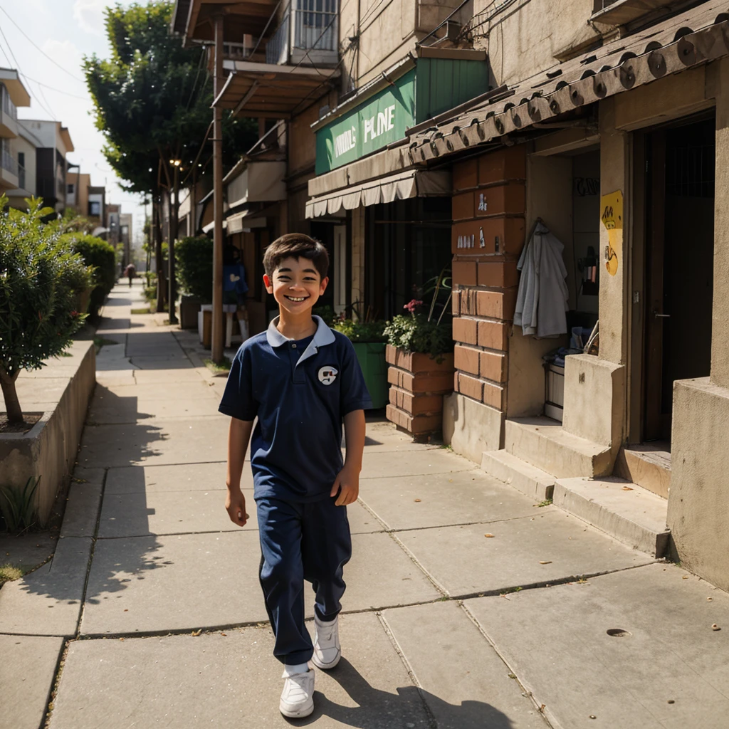 Boy character funny for comic strips 12 year old cubby face with happy smile walking at the sub urban neighborhood 