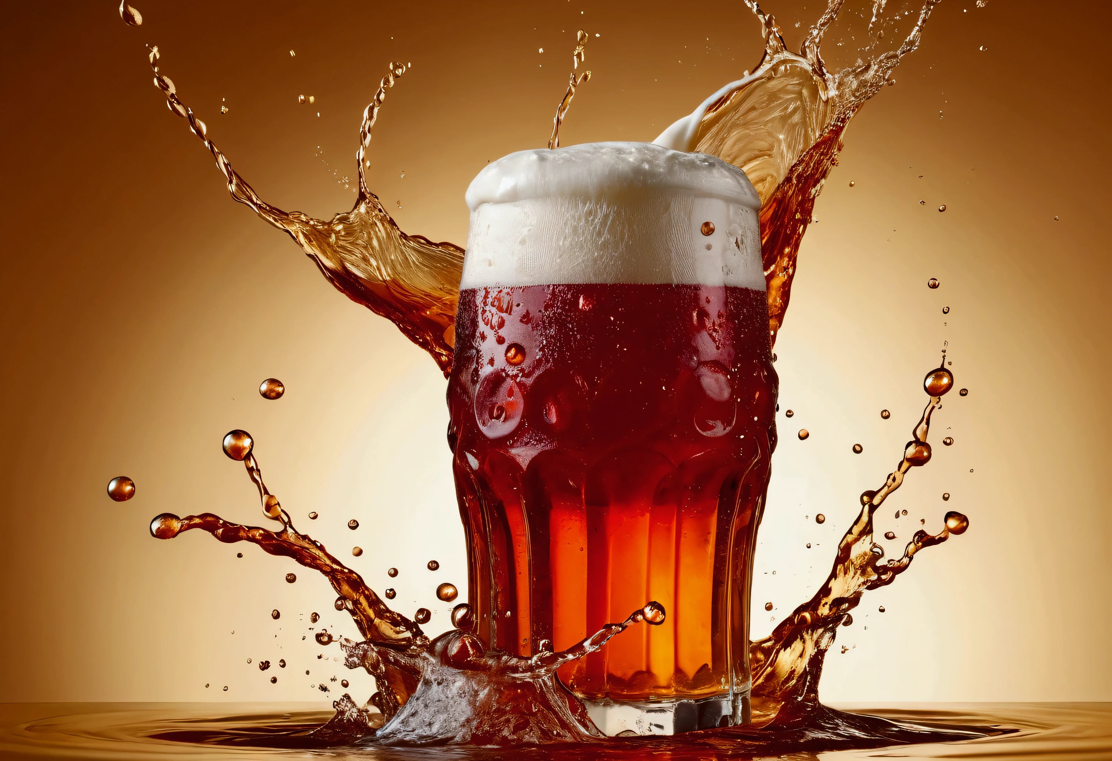 a picture of a red beer, beer splashing in the elegant cream color background like in a commercial, everything in focus
