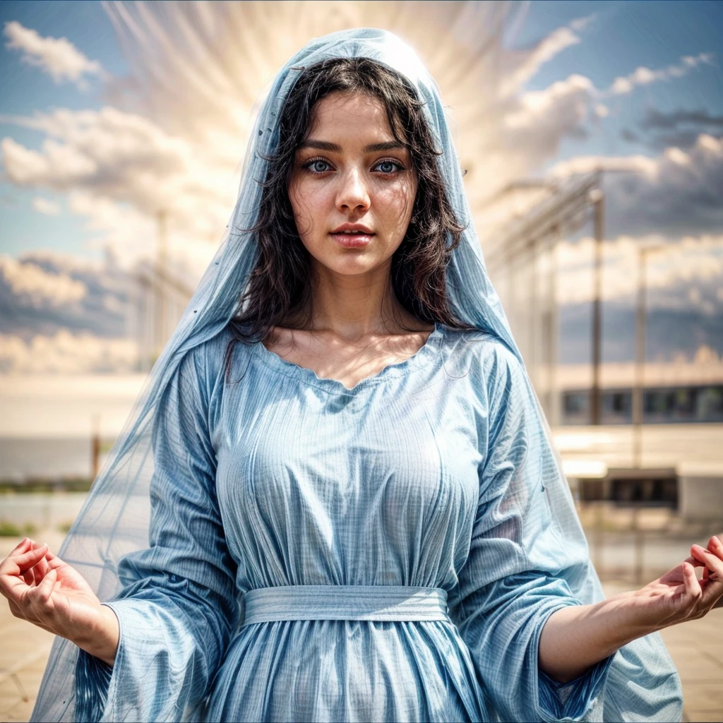 Beautiful woman with light blue eyes, curly black hair, wearing a blue tunic with wide, long sleeves adjusted at the waist by a white sash. Wear a thick white veil. She has open arms. Beautiful female hands