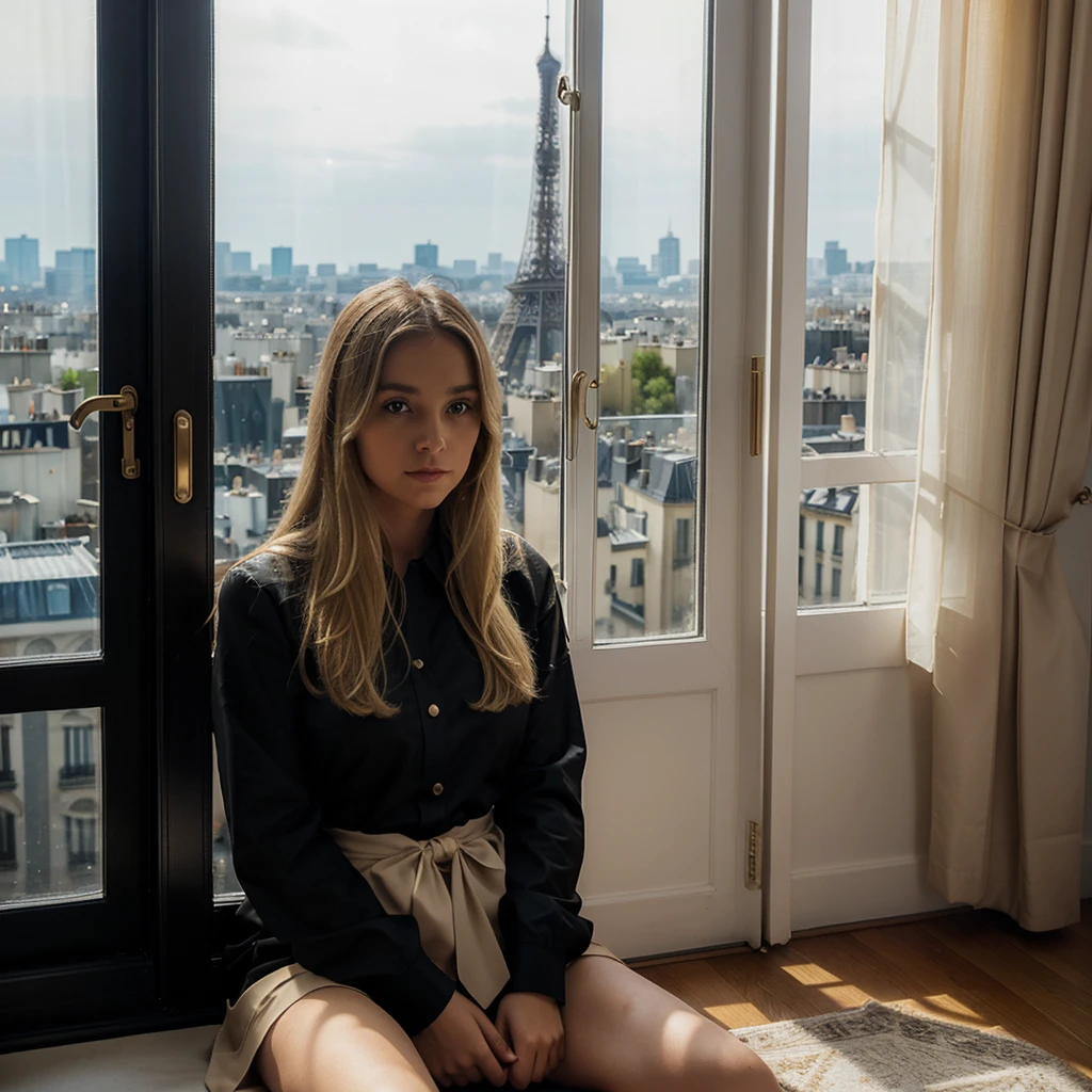 Photograph of a woman with long, straight blonde hair, sitting on a windowsill in a room with beige curtains. She is wearing a black dress and facing away from the camera, looking out at the illuminated Eiffel Tower in the evening. The window is divided into multiple panes by white frames, and a black handbag with a gold emblem is placed on the windowsill next to her. The sky is dark blue, indicating that it is nighttime, and the cityscape of Paris is visible in the background.