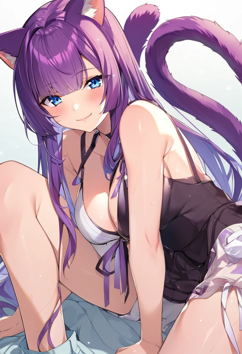 1girl, Blue eyes, Long Hair, Bangs, Purple Hair, Breasts, Smile, Blush, Light Smile, cat ears, purple cat tail