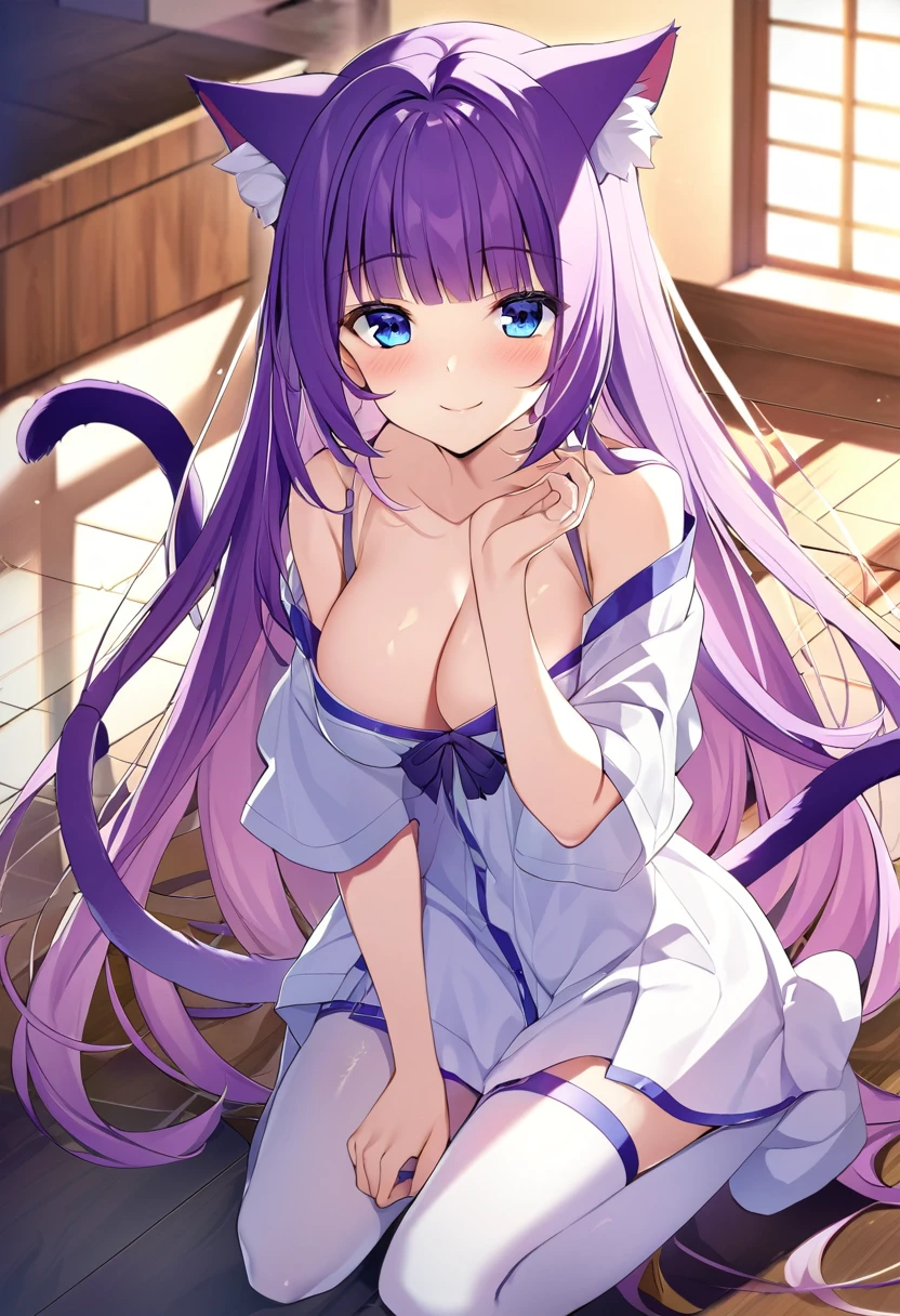 1girl, Blue eyes, Long Hair, Bangs, Purple Hair, Breasts, Smile, Blush, Light Smile, cat ears, purple cat tail