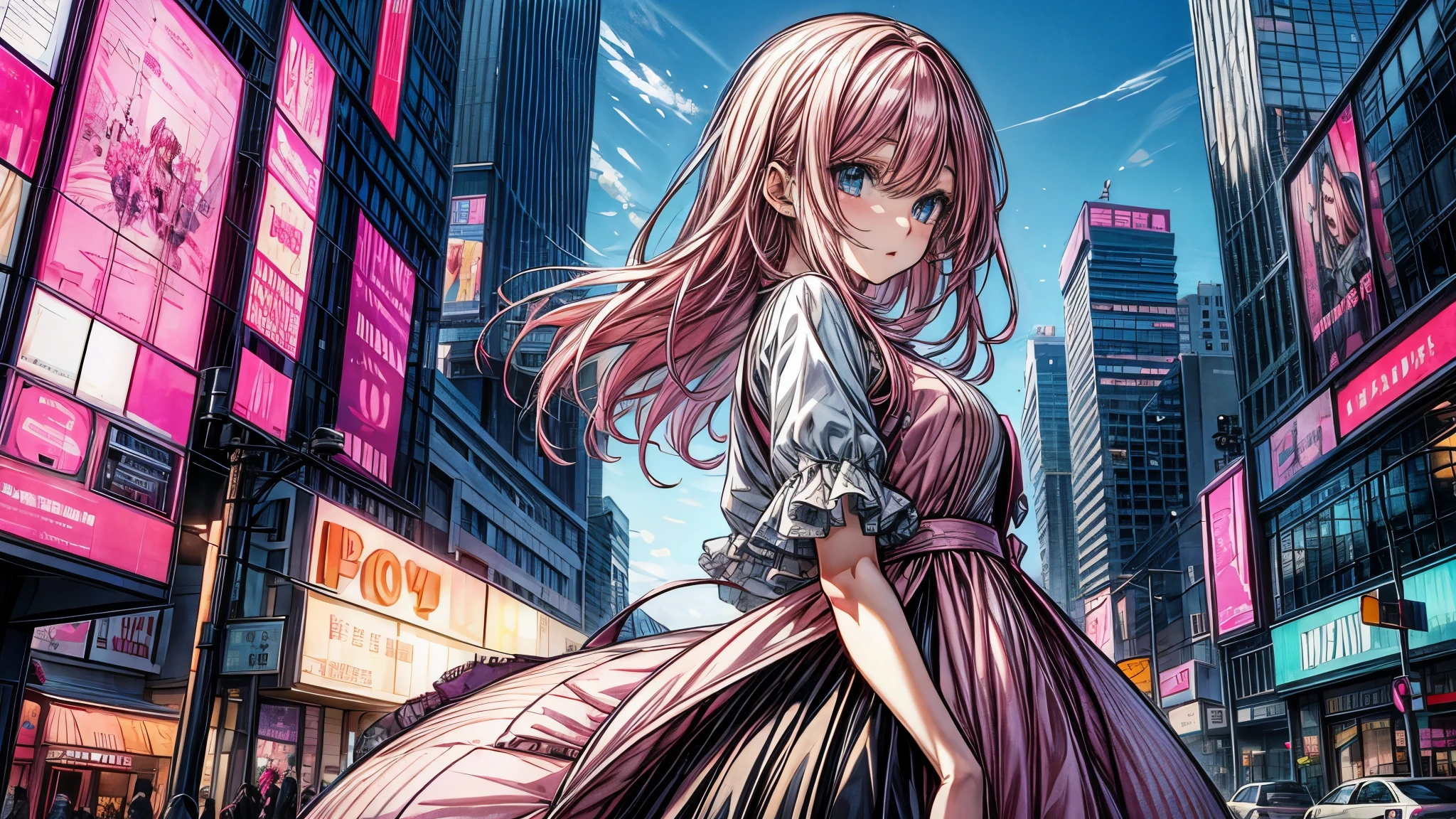 an anime girl, beautiful, pink hair, blue eyes, ojos beautifuls y definidos, modern pink dress, in the background of the city, beautiful, very detailed graphics, modern style art
