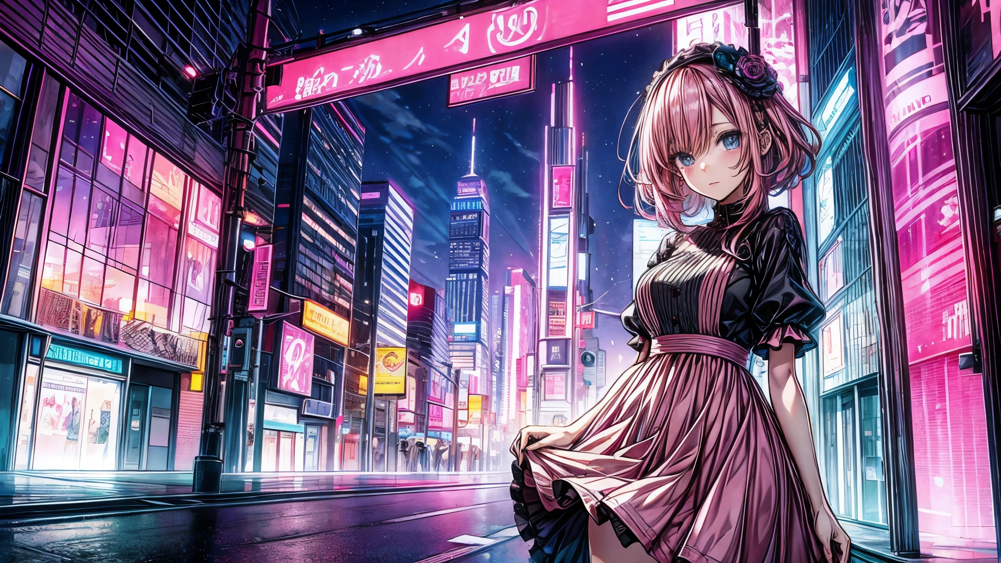 an anime girl, beautiful, pink hair, blue eyes, ojos beautifuls y definidos, modern pink dress, in the background of the city, beautiful, very detailed graphics, modern style art