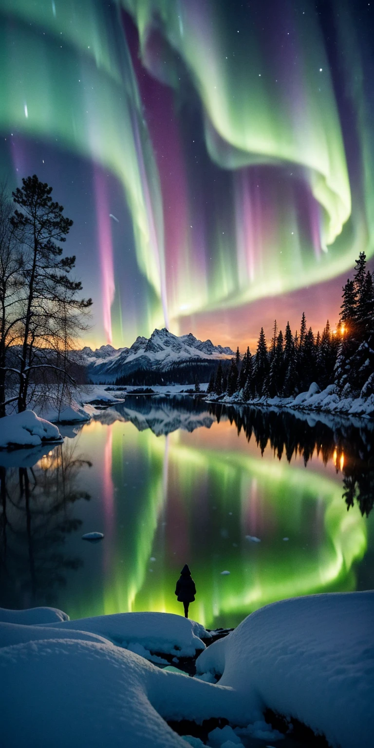 A breathtaking aurora borealis dances across the night sky above a crystalline frozen lake. The ethereal green and purple lights reflect off the glassy surface, creating a mesmerizing mirror effect. In the foreground, a solitary figure in a vibrant red parka stands on the shore, silhouetted against the celestial display. Ancient, gnarled pine trees frame the scene, their branches heavy with snow. In a surreal twist, tropical flowers bloom impossibly from cracks in the ice, their vivid colors a stark contrast to the winter landscape. The image evokes a sense of wonder and the unexpected beauty found in nature's most extreme environments.