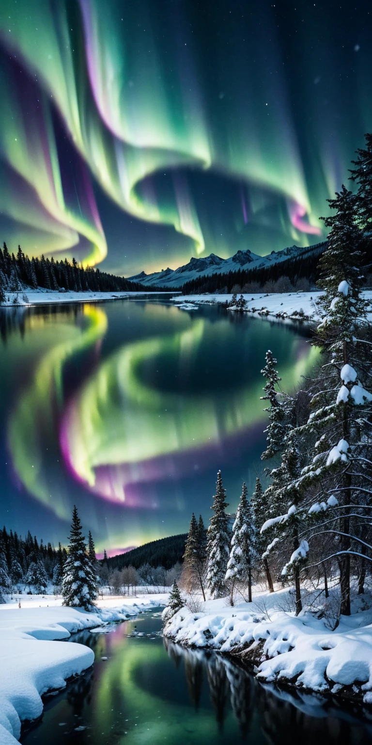 A breathtaking aurora borealis dances across the night sky above a crystalline frozen lake. The ethereal green and purple lights reflect off the glassy surface, creating a mesmerizing mirror effect. In the foreground, a solitary figure in a vibrant red parka stands on the shore, silhouetted against the celestial display. Ancient, gnarled pine trees frame the scene, their branches heavy with snow. In a surreal twist, tropical flowers bloom impossibly from cracks in the ice, their vivid colors a stark contrast to the winter landscape. The image evokes a sense of wonder and the unexpected beauty found in nature's most extreme environments.