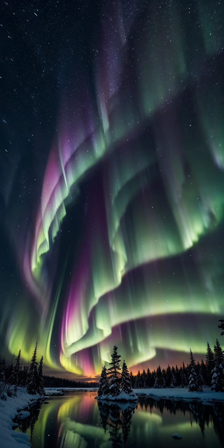 A breathtaking aurora borealis dances across the night sky above a crystalline frozen lake. The ethereal green and purple lights reflect off the glassy surface, creating a mesmerizing mirror effect. In the foreground, a solitary figure in a vibrant red parka stands on the shore, silhouetted against the celestial display. Ancient, gnarled pine trees frame the scene, their branches heavy with snow. In a surreal twist, tropical flowers bloom impossibly from cracks in the ice, their vivid colors a stark contrast to the winter landscape. The image evokes a sense of wonder and the unexpected beauty found in nature's most extreme environments.