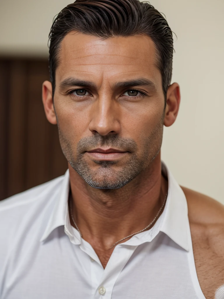 (best quality), 1boy, Male, mature male, 40 years old, miguel o'hara, tanned skin, dark brown hair, short hair, hair slicked back, strands over eye, slightly wavy hair, brown eyes, perfect eyes, white shirt, muscular, handsome, high cheekbones, strong jawline, masterpiece, anatomically correct, highres