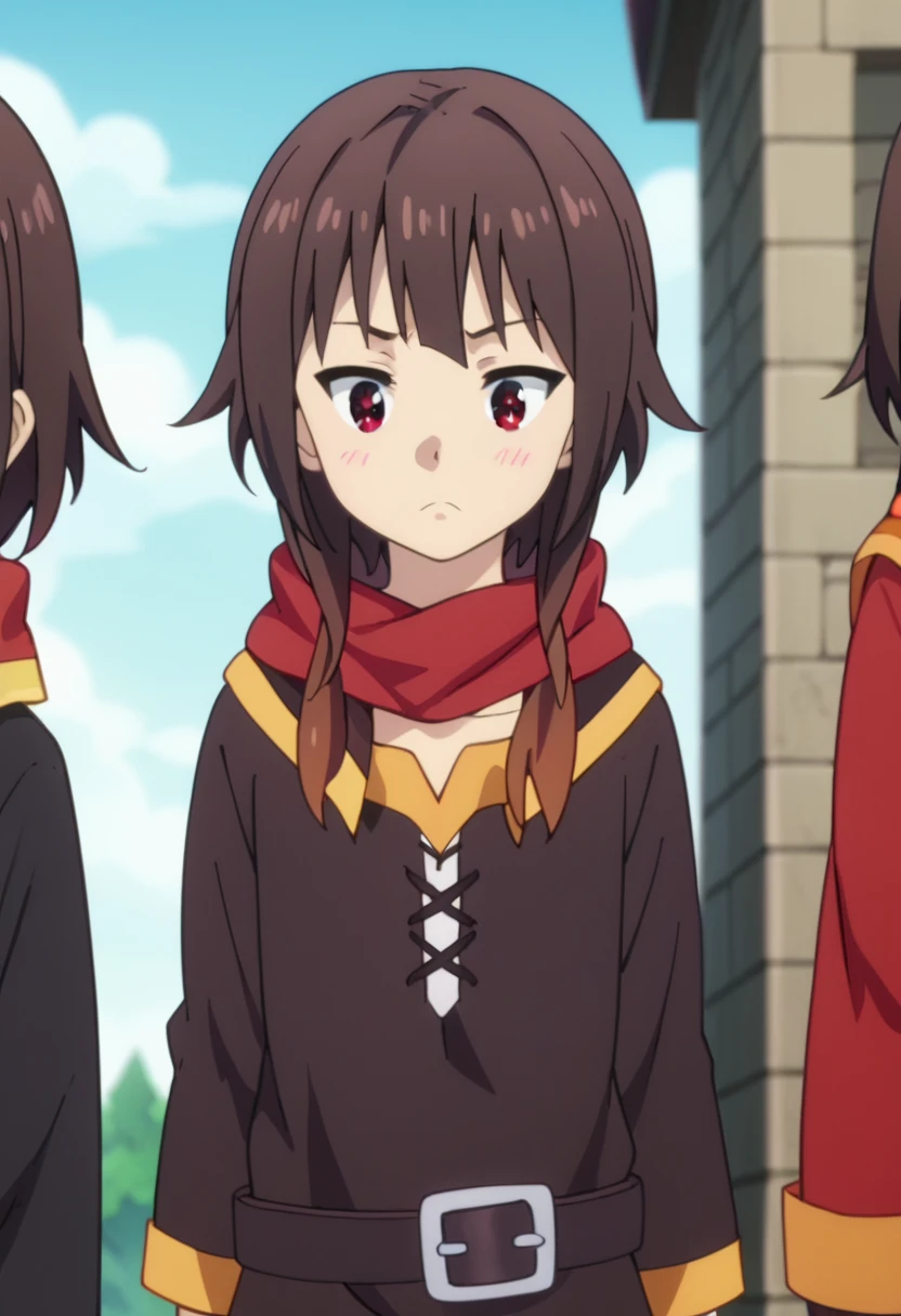anime screencap,
1 girl, Alone, Megumin, white parka, short hair, Brown hair, Red eyes, (black jumpsuit:0.8), Red scarf, brown mittens,
sailor,adult,age29