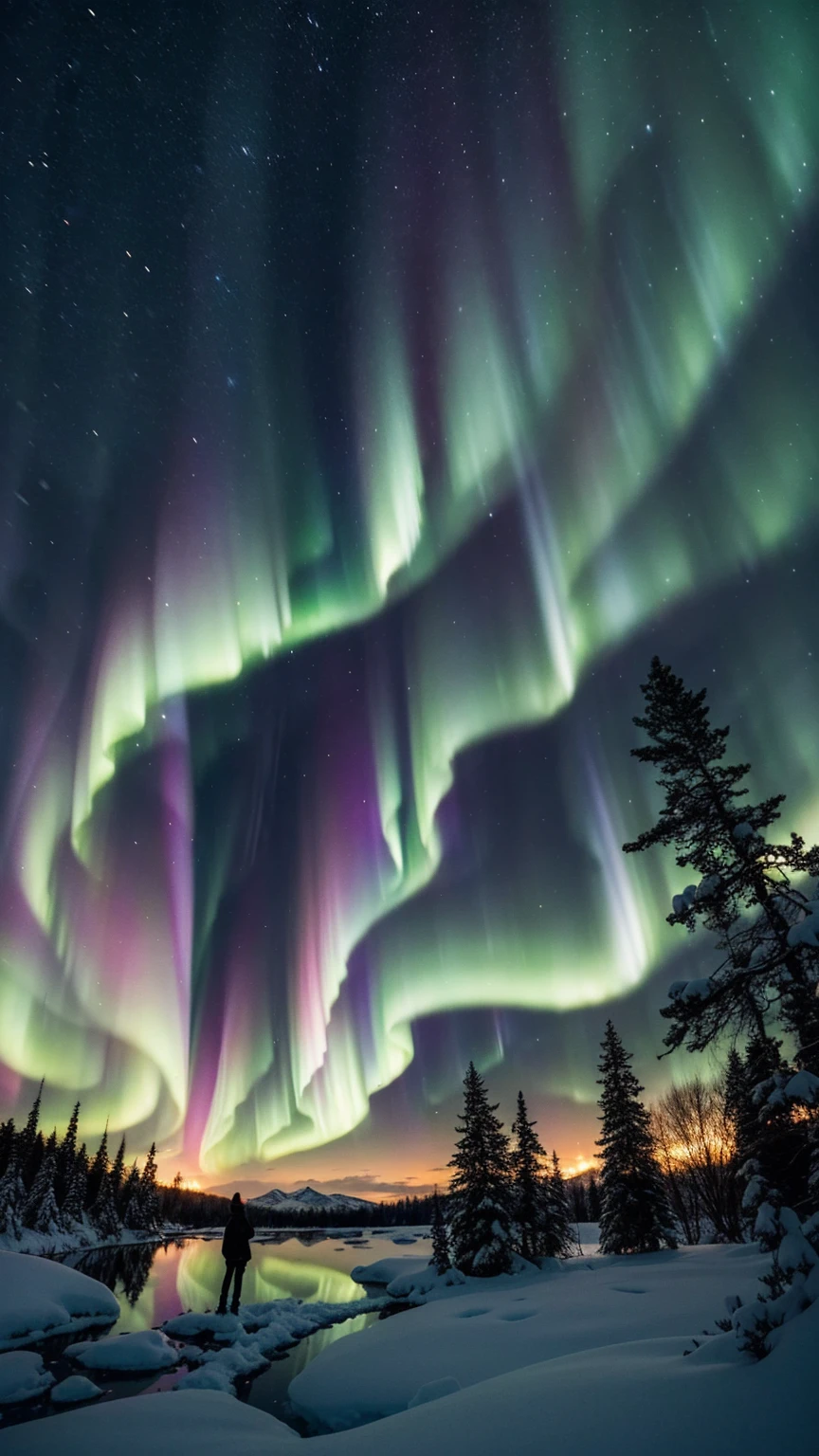 A breathtaking aurora borealis dances across the night sky above a crystalline frozen lake. The ethereal green and purple lights reflect off the glassy surface, creating a mesmerizing mirror effect. In the foreground, a solitary figure in a vibrant red parka stands on the shore, silhouetted against the celestial display. Ancient, gnarled pine trees frame the scene, their branches heavy with snow. In a surreal twist, tropical flowers bloom impossibly from cracks in the ice, their vivid colors a stark contrast to the winter landscape. The image evokes a sense of wonder and the unexpected beauty found in nature's most extreme environments.