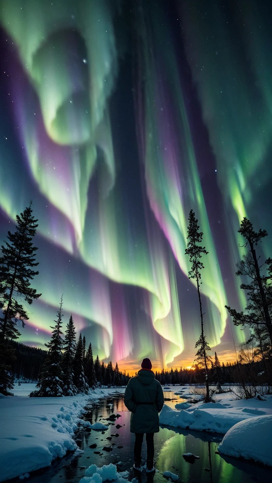 A breathtaking aurora borealis dances across the night sky above a crystalline frozen lake. The ethereal green and purple lights reflect off the glassy surface, creating a mesmerizing mirror effect. In the foreground, a solitary figure in a vibrant red parka stands on the shore, silhouetted against the celestial display. Ancient, gnarled pine trees frame the scene, their branches heavy with snow. In a surreal twist, tropical flowers bloom impossibly from cracks in the ice, their vivid colors a stark contrast to the winter landscape. The image evokes a sense of wonder and the unexpected beauty found in nature's most extreme environments.