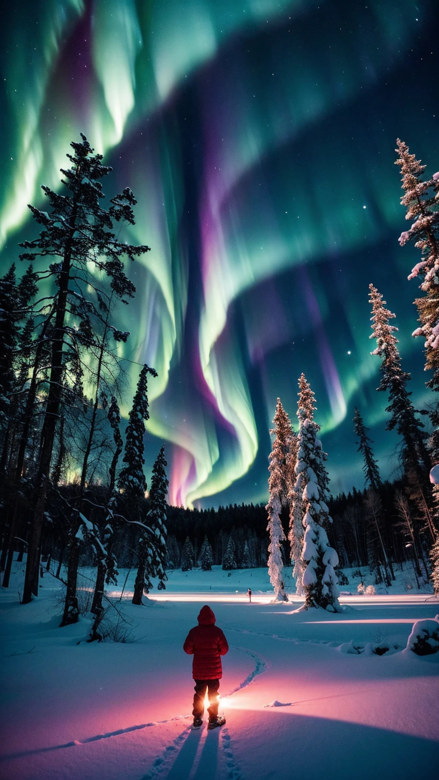 A breathtaking aurora borealis dances across the night sky above a crystalline frozen lake. The ethereal green and purple lights reflect off the glassy surface, creating a mesmerizing mirror effect. In the foreground, a solitary figure in a vibrant red parka stands on the shore, silhouetted against the celestial display. Ancient, gnarled pine trees frame the scene, their branches heavy with snow. In a surreal twist, tropical flowers bloom impossibly from cracks in the ice, their vivid colors a stark contrast to the winter landscape. The image evokes a sense of wonder and the unexpected beauty found in nature's most extreme environments.