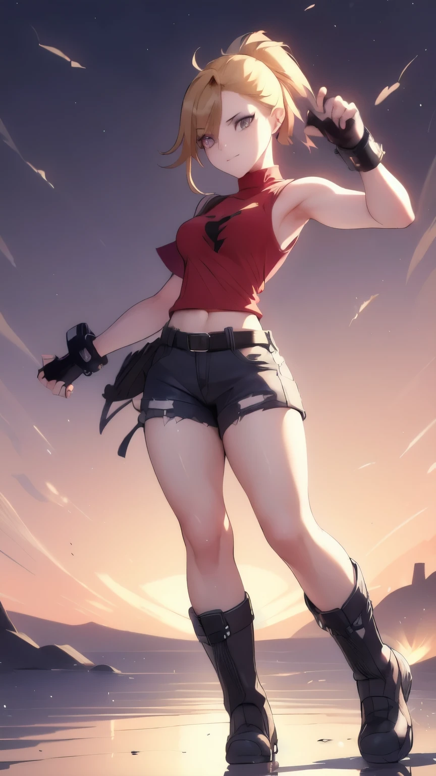 (best quality:1.2),solo,1girl,mdrin,smile,looking at viewer , ultra detailed face, ponytail,v-shaped eyebrows,red shirt, fingerless gloves,black shorts , garden background, warm color tones,soft lighting, Hair over one eye, ultra long hair, victory pose, long boots, long ponytail, blonde, standing