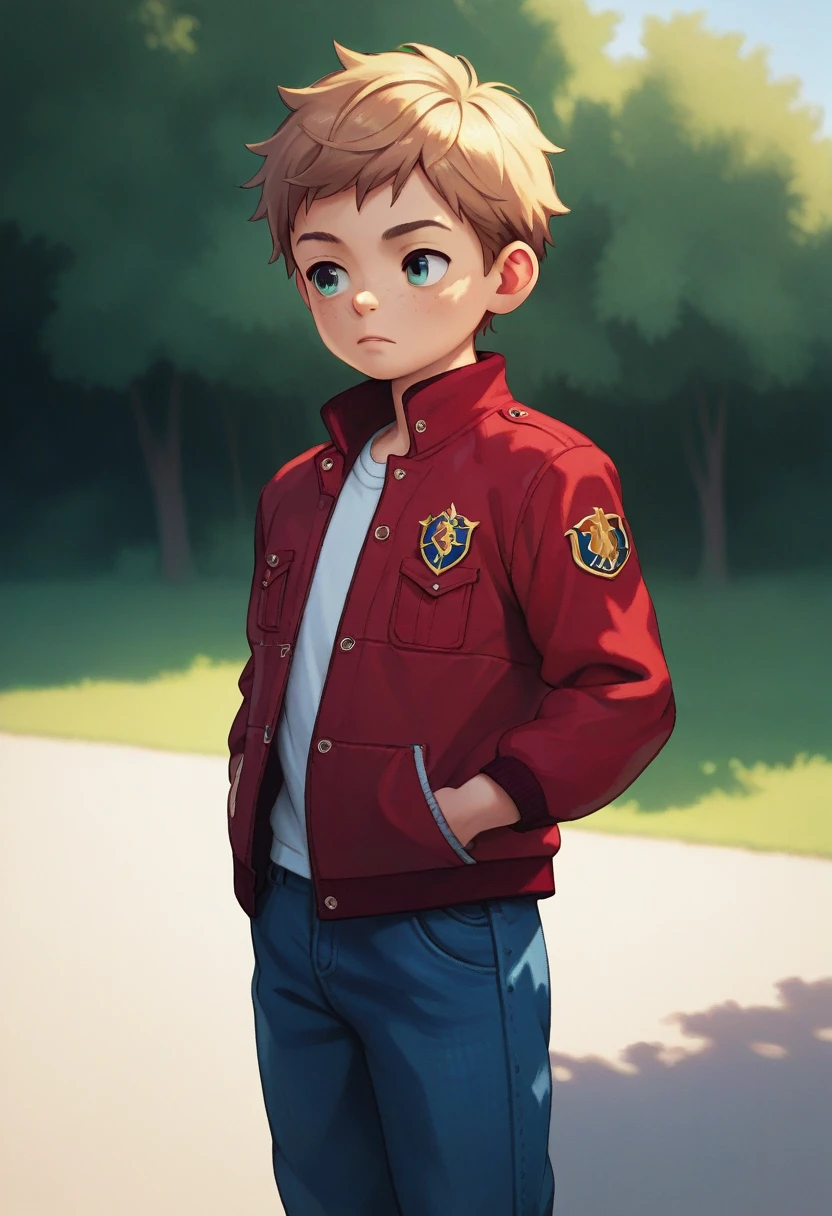 (((Masterpiece))), best quality, cowboy shot, (detailed face), outdoors, sunny, warm sunlight, painterly)) 1boy, (shota), solo, red jacket, three quarter view, hand in pocket, simple background