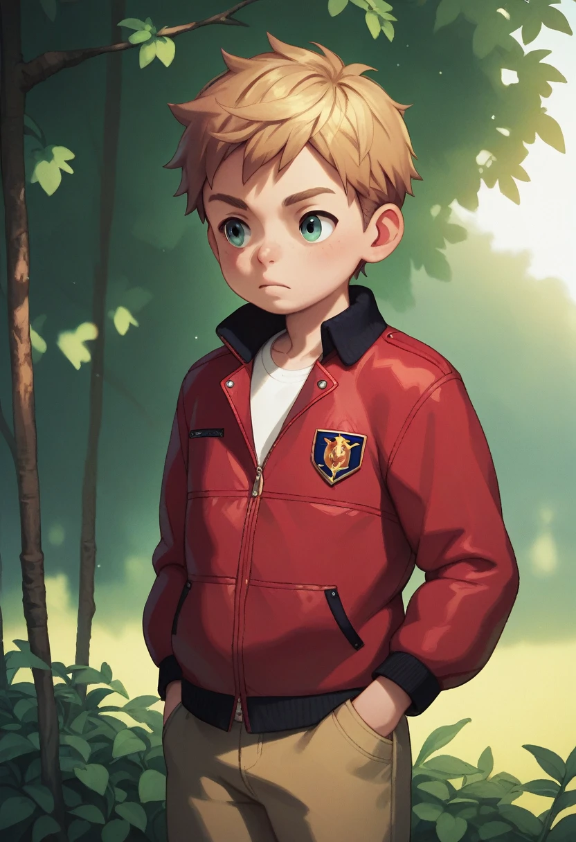 (((Masterpiece))), best quality, cowboy shot, (detailed face), outdoors, sunny, warm sunlight, painterly)) 1boy, (shota), solo, red jacket, three quarter view, hand in pocket, simple background