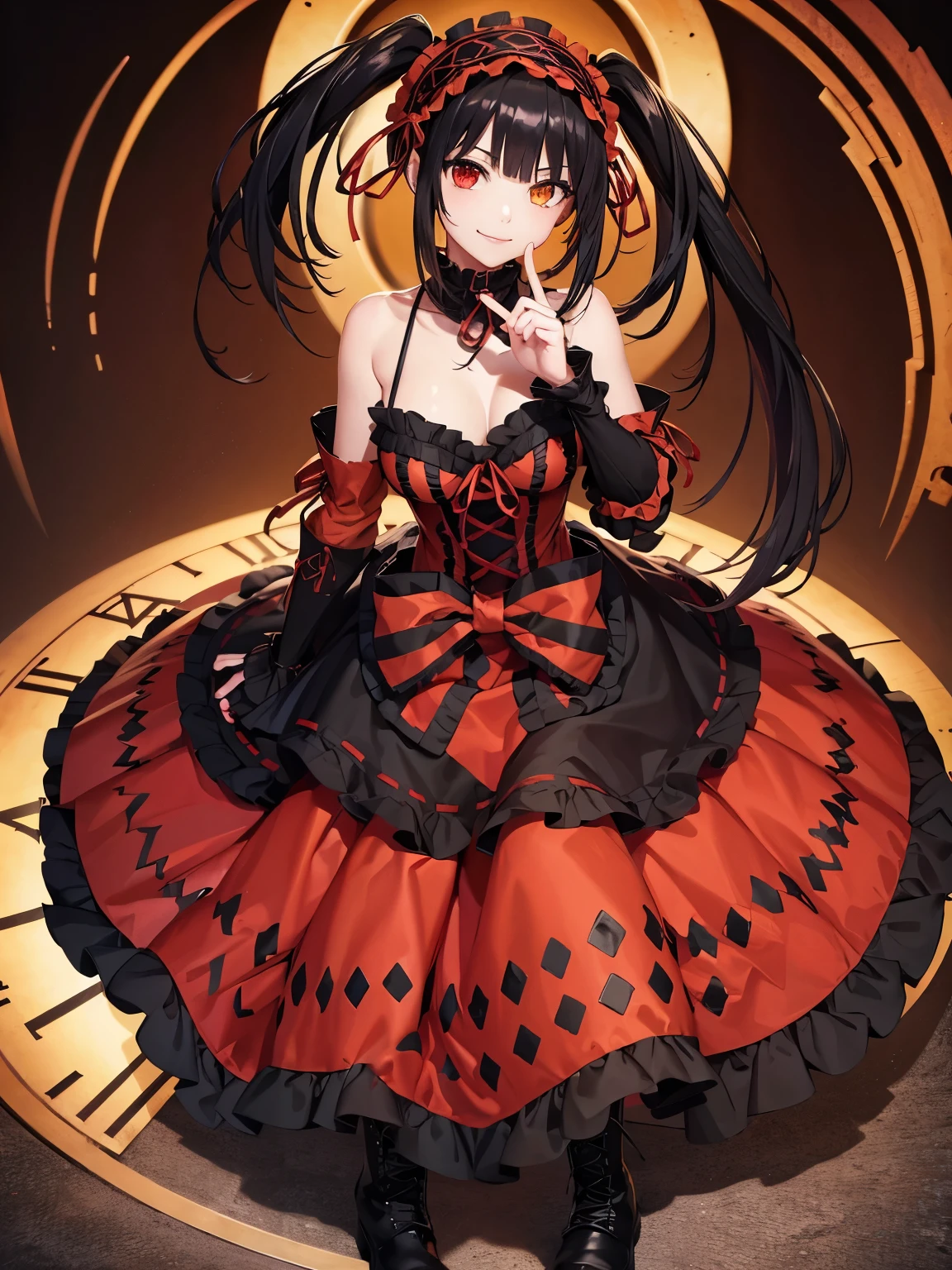One girl, Bare shoulders, Black Hair, boots, chest, Clock Eye, Cross-laced shoes, Removable sleeves, dress, Bring your fingers to your mouth, frilled dress, Frills, whole body, Gothic Lolita, hair band, Heterochromia iridis, Pointing finger up, knee boots, lace-up boots, Lolita Fashion, lolita hair band, Long Hair, View your viewers, platform boots, red dress, Red eyes, smile, alone, Symbol-shaped pupil, tokisaki kurumi, Twin tails, uneven Twin tails, Yellow Eyes