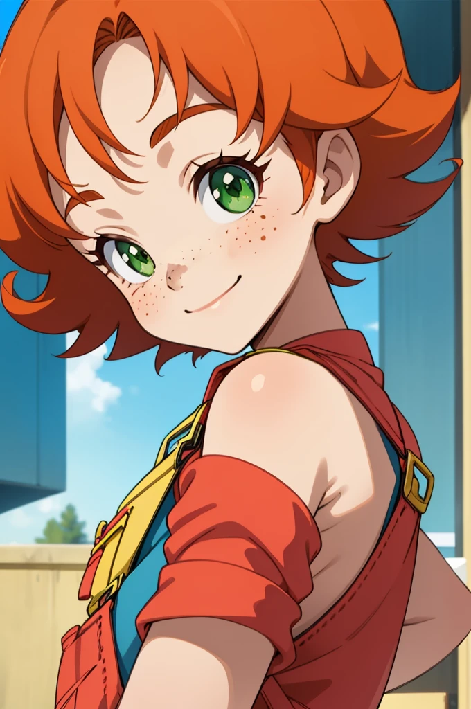 1girl, sxfrances, short hair, orange hair, green eyes, freckles, red overalls, blue_shirt, smile, solo, looking at viewer 