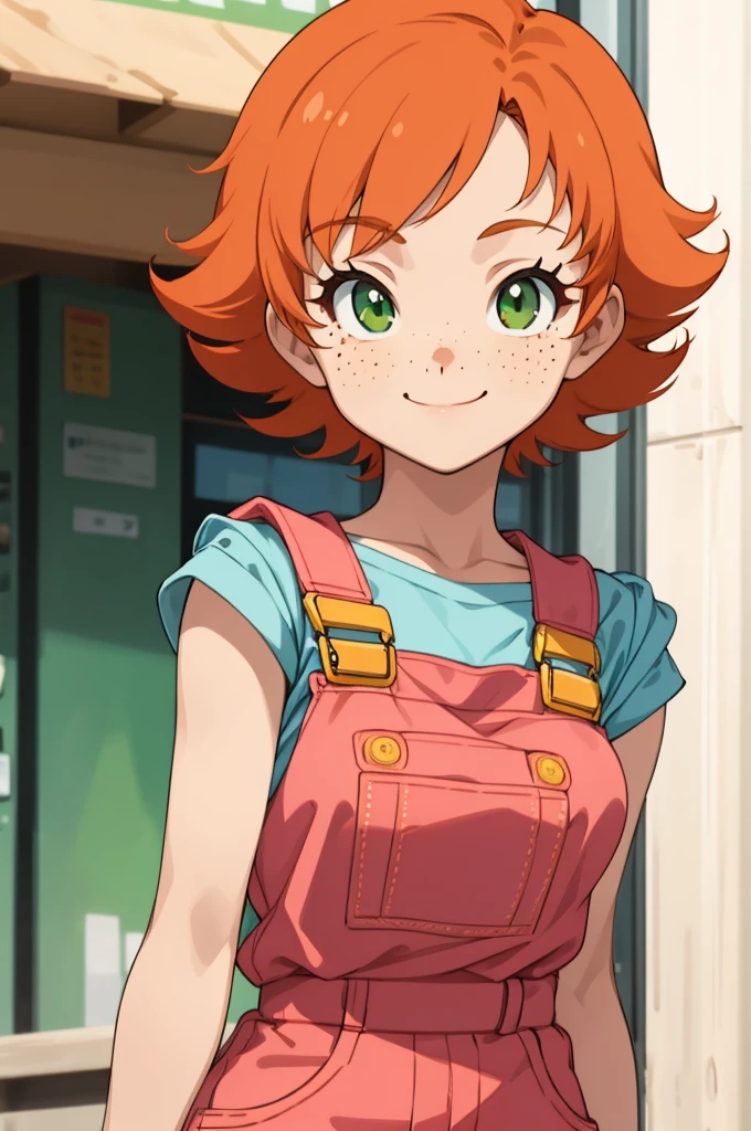 1girl, sxfrances, short hair, orange hair, green eyes, freckles, red overalls, blue_shirt, smile, solo, looking at viewer 