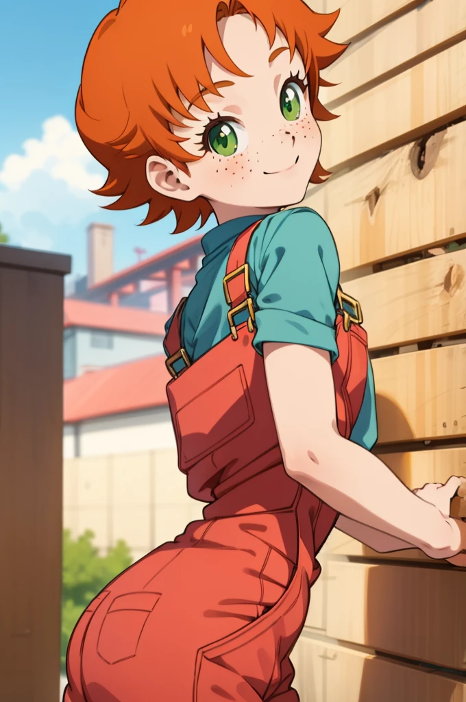 1girl, sxfrances, short hair, orange hair, green eyes, freckles, red overalls, blue_shirt, smile, solo, looking at viewer 