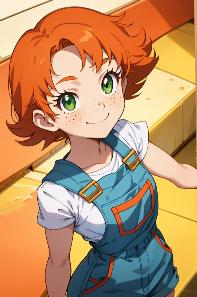 1girl, sxfrances, short hair, orange hair, green eyes, freckles, red overalls, blue_shirt, smile, solo, looking at viewer 