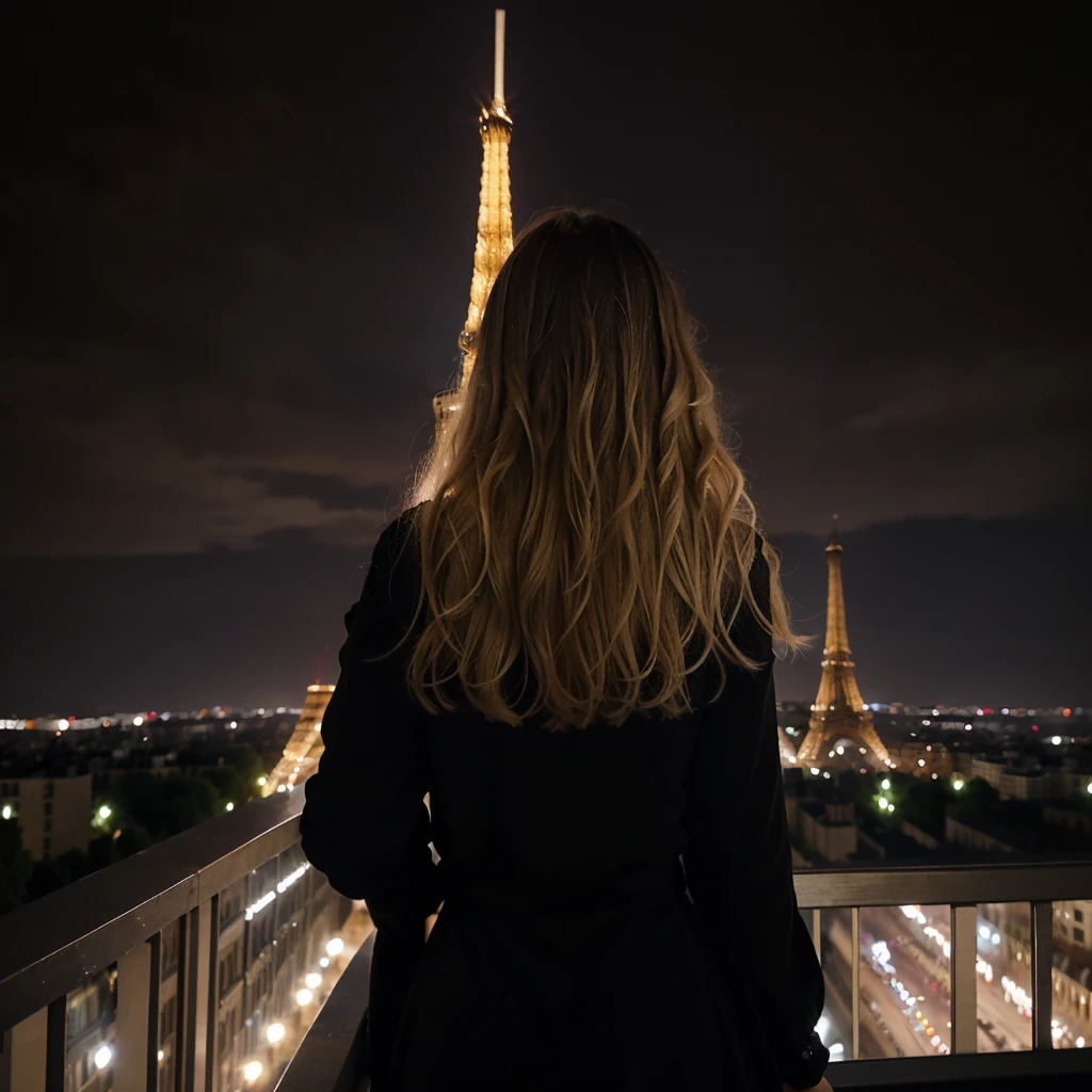 Nighttime photograph featuring a woman with long, wavy blonde hair, wearing a black dress, standing on a balcony. She is facing away from the camera, looking towards the illuminated Eiffel Tower in the distance. The scene is set in an urban environment with classic Parisian architecture, including a multi-story building with balconies and ornate details on the left. The sky is dark, and the Eiffel Tower is brightly lit, creating a striking contrast against the night. The overall mood is serene and contemplative.