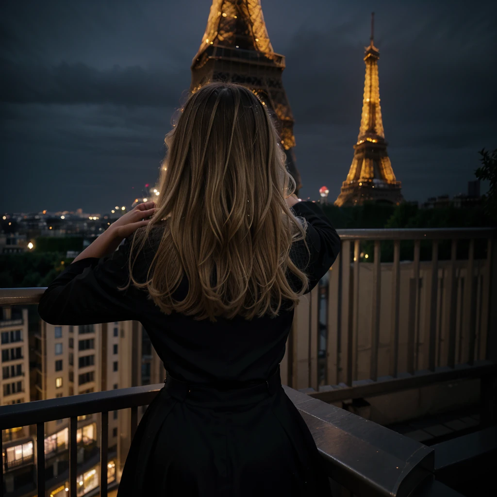 Nighttime photograph featuring a woman with long, wavy blonde hair, wearing a black dress, standing on a balcony. She is facing away from the camera, looking towards the illuminated Eiffel Tower in the distance. The scene is set in an urban environment with classic Parisian architecture, including a multi-story building with balconies and ornate details on the left. The sky is dark, and the Eiffel Tower is brightly lit, creating a striking contrast against the night. The overall mood is serene and contemplative.