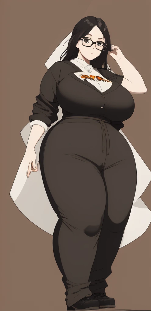 Nerdy girl, thick glasses, messy hair, gigantic breasts, extremely wide hips, baggy clothes