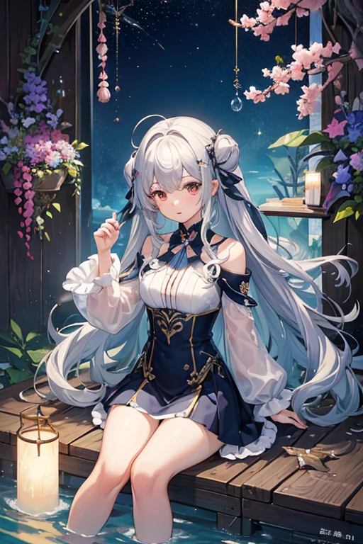 masterpiece, Highest quality, High resolution，Follow the on-screen instructions、Anime Style、Follow the on-screen instructions、One Girl、Long silver hair、In a cylindrical tank、Coral Reef、fish、Drop position、Reach out to the water