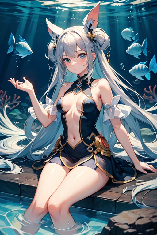 high resolution,(incredibly absurdres), (hires.fix:1.3),anime visual,extremely detailed CG unity 8k wallpaper, ((masterpiece)), ((top-quality)), (beautiful illustration), ((an extremely delicate and beautiful)), 1 mermaid girl, sitting in sea, (((surrounded by many bubbles ))) ,full body, character focus, bare breasts, dynamic lighting, background The Palace Under the Sea
