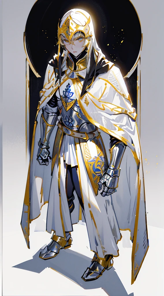 Templar warrior in armor, wearing armor and a white skirt, he also wears a cloak with gold borders, the leper king balduin iv