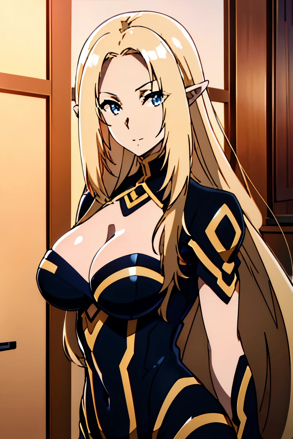 (Upper Body:1.3),Medium Shot,anime,masterpiece,gravure, 8k,Realistic, Beautiful woman,An elegant and elven woman, Elf Ears,blue eyes, (美的animeの目:1.3),Large Breaste, Black bodysuit, smile,Beautiful breasts,8k ren, High quality CG, Beautiful CG, Soft Light,View your viewers,(24-years-old),