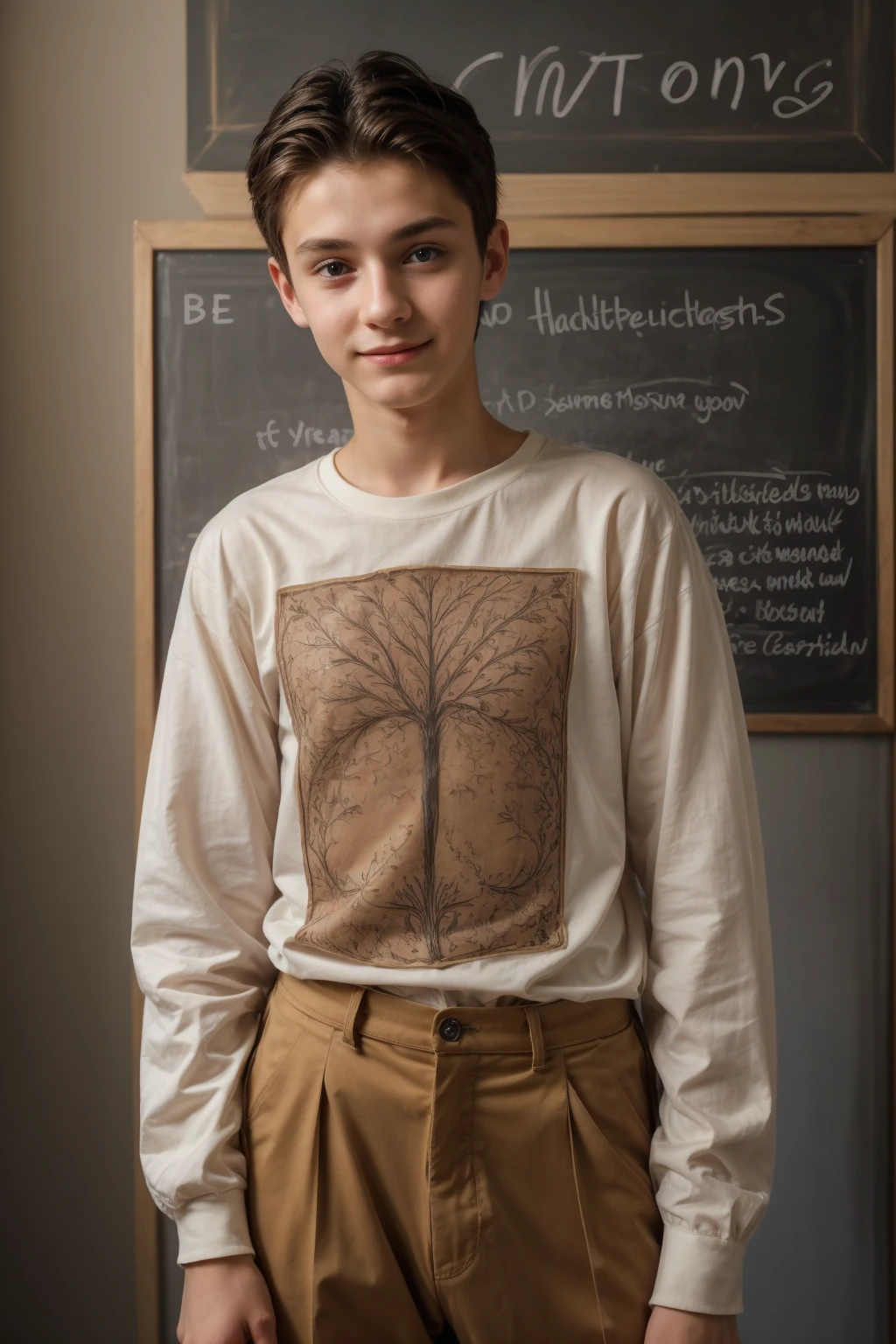 A young male twink, 20 years old, with a cute angel face, with makeup and black hair, wearing a luxurious, long-sleeved, white shirt and brown medieval pants. Behind him is a blackboard with the neurons of the brain written on it, and he looks proudly with an innocent face.