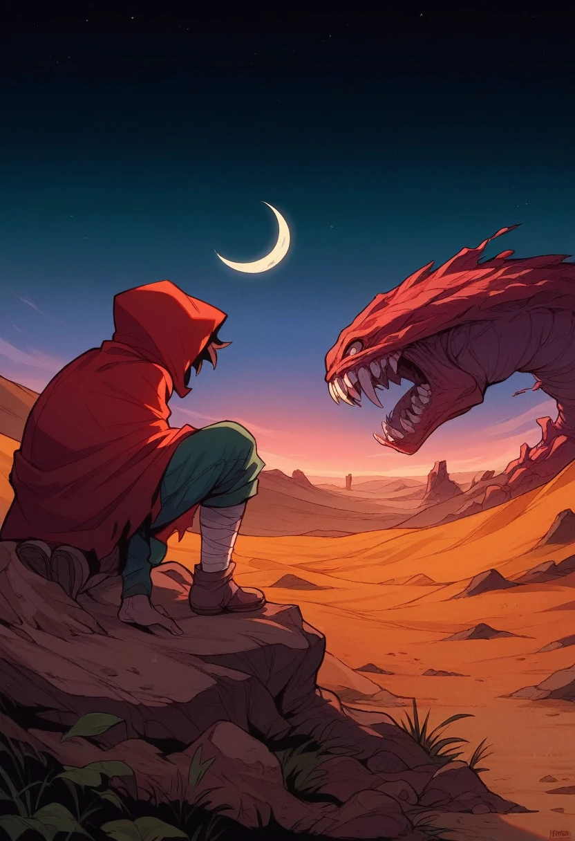 A lonely ager, his face obscured by the hood of a crimson robe, kneels on a windswept rocky cliff. The harsh desert landscape stretches before him, Illuminated by the soft light of a double moon in a twilight sky. A monstrous sandworm breaches the dunes in the distance, is gaping, revealing rows of sharp teeth, ((teen kneeling):1.2), ((colossal sandworm):1.2)