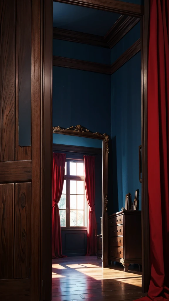 A old wooden dark themed blue black themed haunted house with a large mirror inside the house covered with red cloth