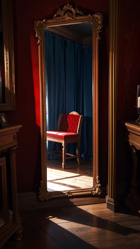 A old wooden dark themed blue black themed haunted house with a large mirror inside the house covered with red cloth