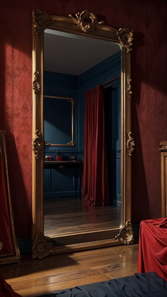 A old wooden dark themed blue black themed haunted house with a large mirror inside the house covered with red cloth