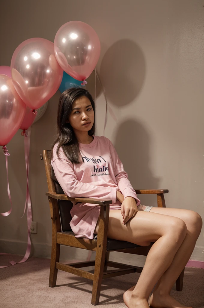 A woman sits in a chair alone in pink surrounded by balloons, with the writing on the wall iin susilawati. HD realistic