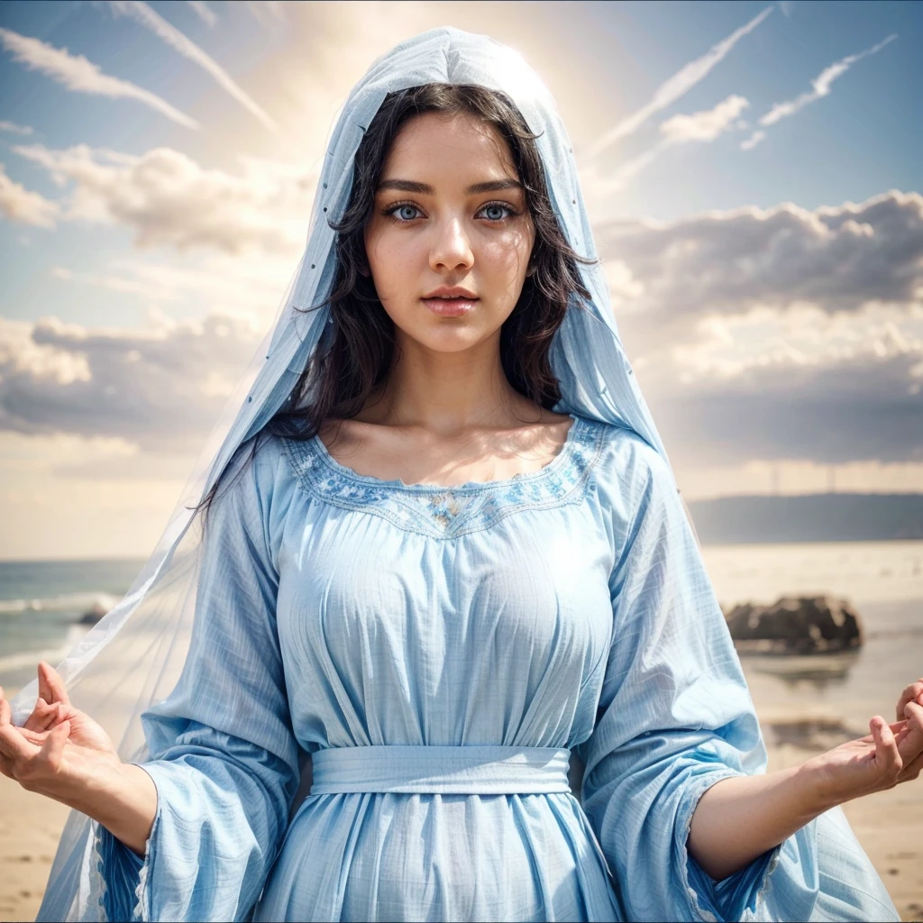 Beautiful woman with light blue eyes, curly black hair, wearing a blue tunic with wide, long sleeves adjusted at the waist by a white sash. Wear a thick white veil. She has open arms. Beautiful female hands