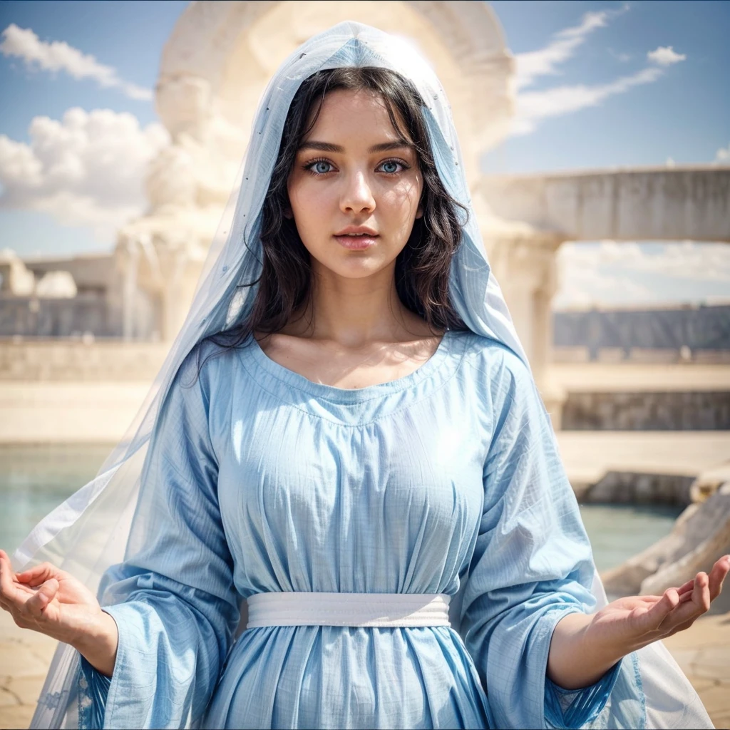 Beautiful woman with light blue eyes, curly black hair, wearing a blue tunic with wide, long sleeves adjusted at the waist by a white sash. Wear a thick white veil. She has open arms. Beautiful female hands