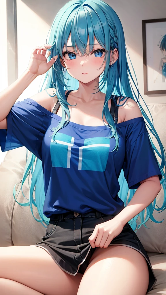 A teenage girl with blue eyes and aqua colored hair, in an oversized t-shirt Is playing games 
