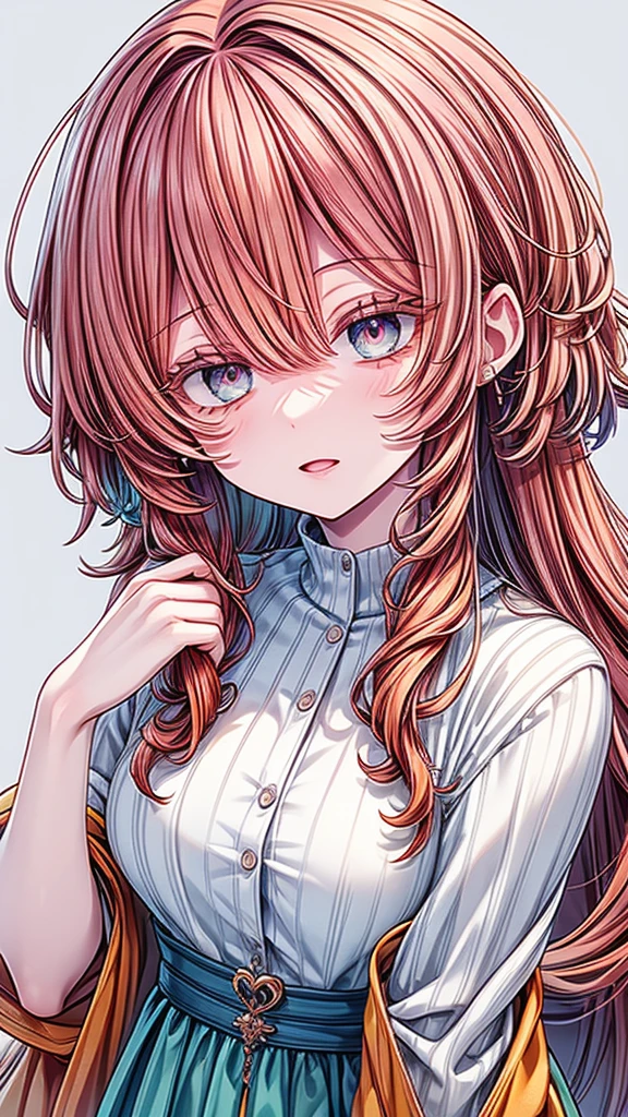  Artwork, best quality, high quality, ultra detailed, anime style, 1 girl, cute, beautiful skin, ((bright turquoise eyes)), ((orange eyelashes)), ((colorful eyelashes,)) ((orange hair)), ((long orange hair)),((long curly orange hair)), ((messy hair)), ((intricate hair)), ((messy hair)), ((colored eyelashes)), ((orange eyelashes)), white dress