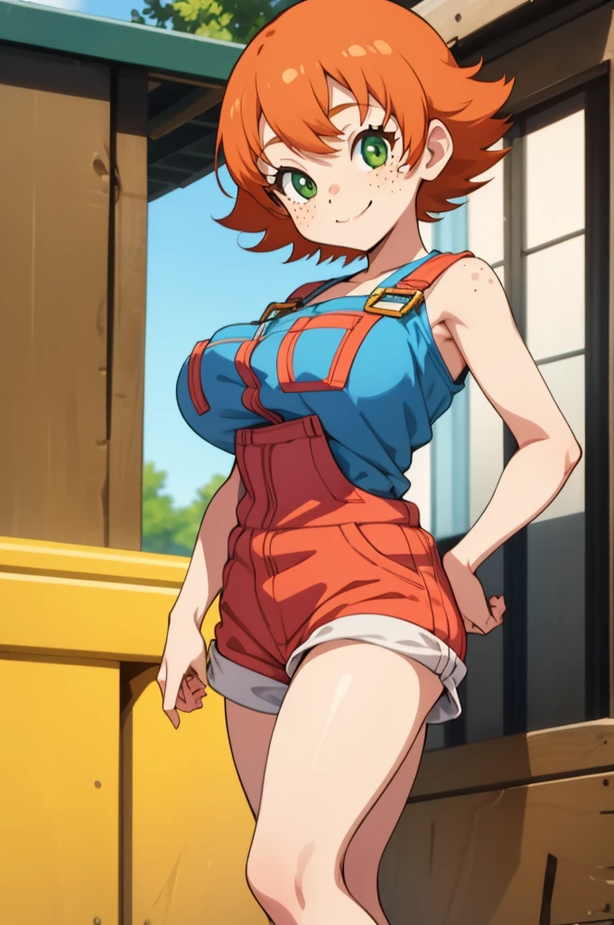 1girl, sxfrances, short hair, orange hair, green eyes, freckles, red overalls, blue_shirt, smile, solo, looking at viewer ,big breasts,shorts