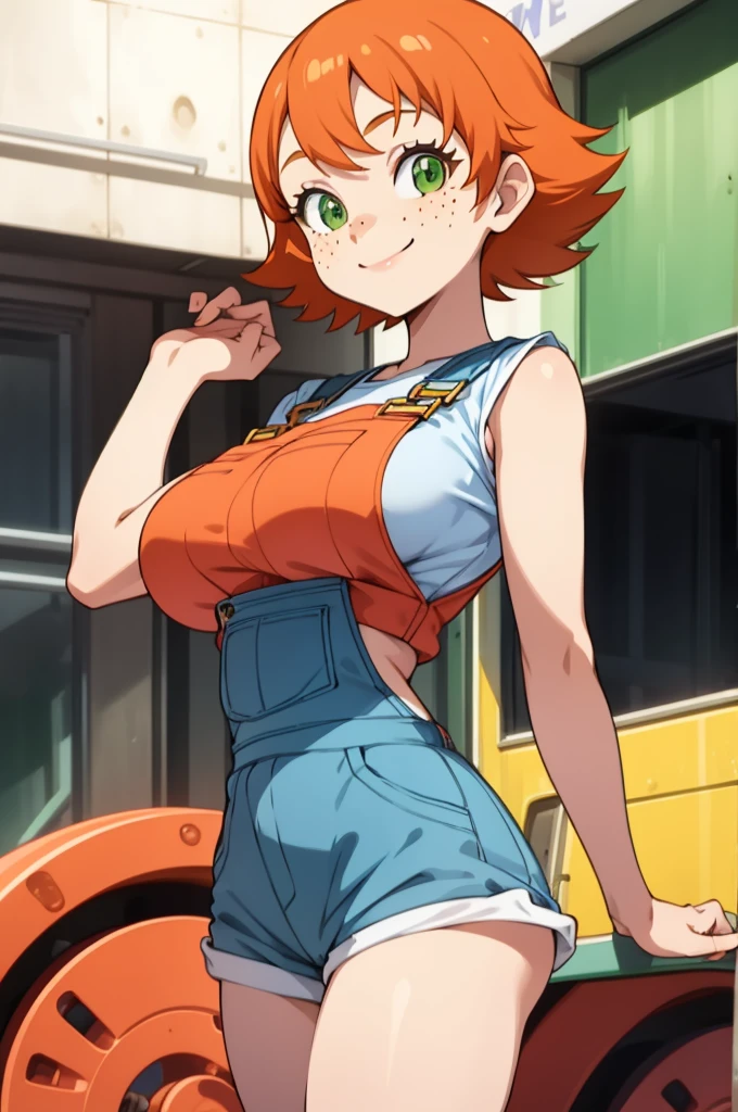 1girl, sxfrances, short hair, orange hair, green eyes, freckles, red overalls, blue_shirt, smile, solo, looking at viewer ,big breasts,shorts