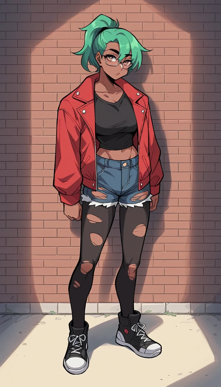 neon green hair, and a ponytail standing in front of a brick wall, glasses, full body portrait of a short!, cel - shaded art style, character full body portrait, full body close-up shot, a character portrait, dressed in a red jacket, tall female emo art student, black jean shorts, black pantyhose, , dark skin, torn black shirt, full body character portrait,
