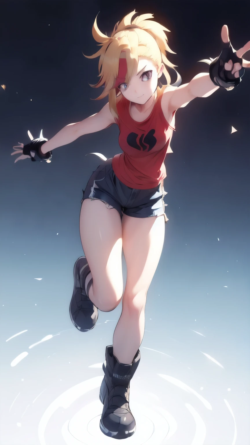 (best quality:1.2),solo,1girl,mdrin,smile,looking at viewer , ultra detailed face, ponytail,v-shaped eyebrows,red shirt, fingerless gloves,black shorts , garden background, warm color tones,soft lighting, Hair over one eye, ultra long hair, victory pose, long boots, long ponytail, blonde, standing 