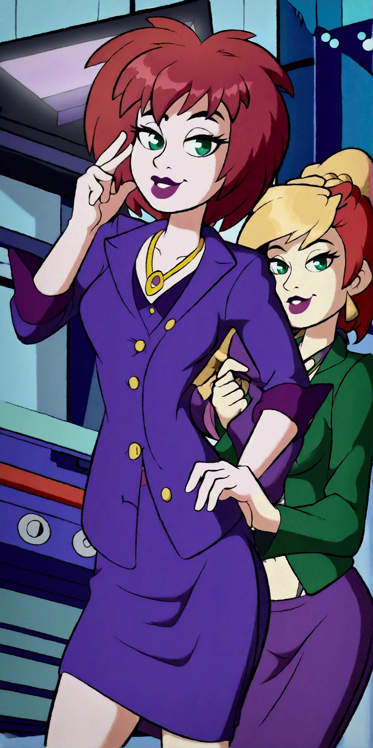 A cute girl, light skin, sexy, attractive, red hair, shiny cut, tousled, her green eye, dresses in a purple button-down buttoned long office coat and a long purple skirt with a black heel.